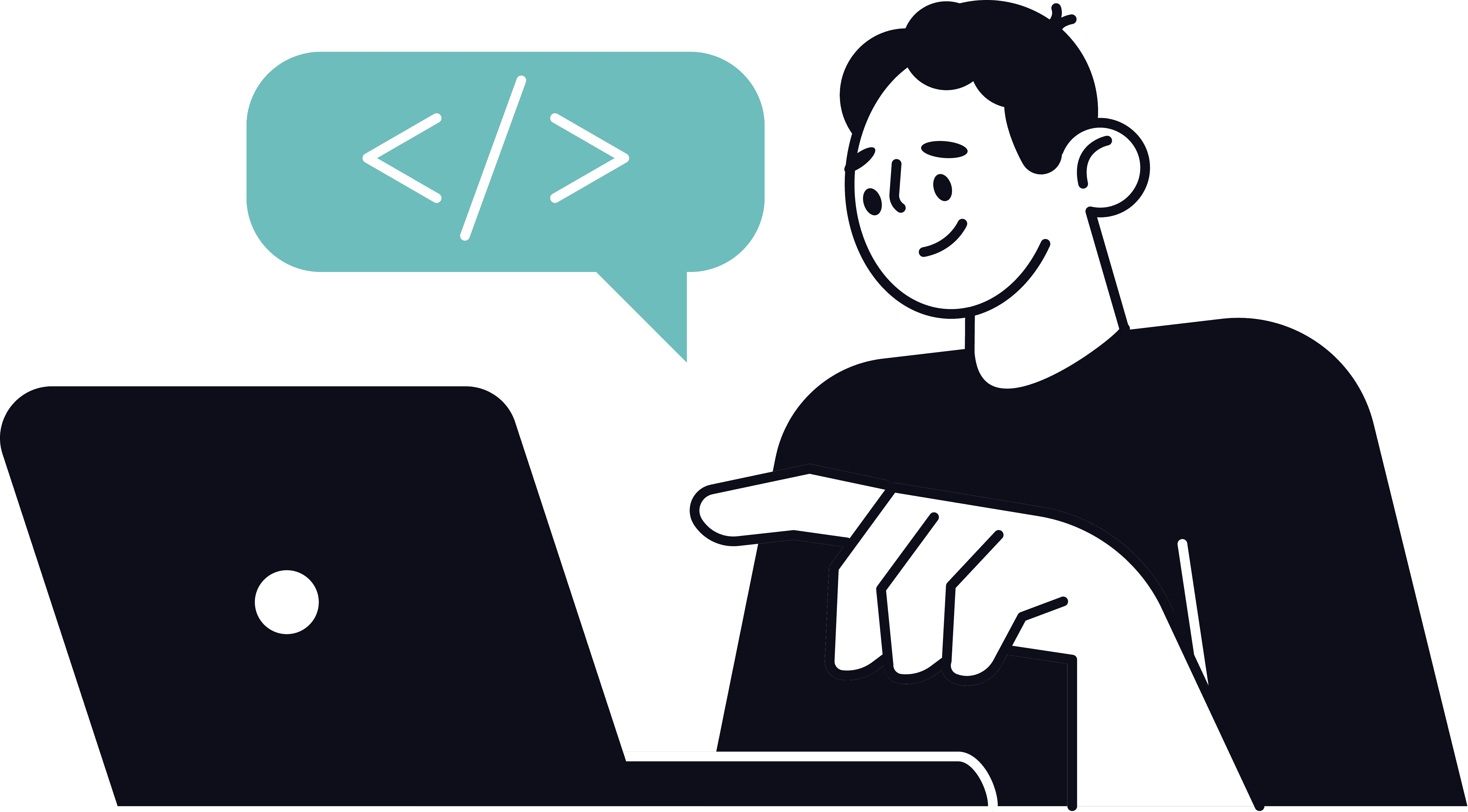 Illustration of a developer coding on a laptop with a code symbol